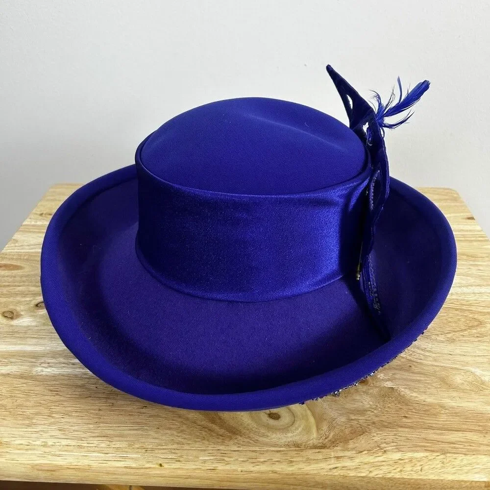 ML Studio Royal Blue Wool Felt Church Hat Beaded Feather Accent Dress Derby Hat